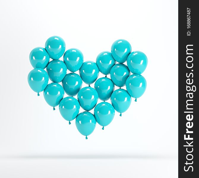 Heart Shape Made Of Blue Balloon Floating On White Background.
