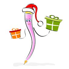 Pencil Character With Santa Cap And Gifts Royalty Free Stock Image