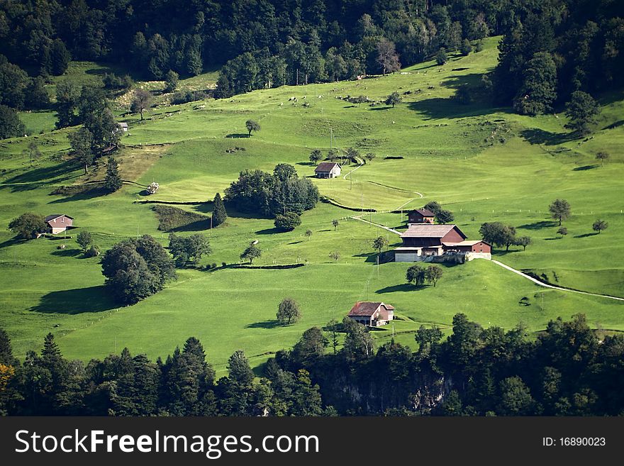 Grassland with cottages on the hill side. Grassland with cottages on the hill side