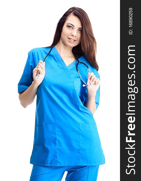 Woman doctor in uniform on white background