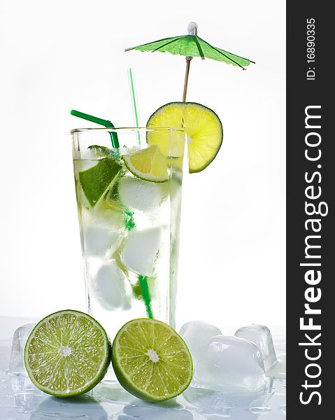 Drinks and fruits on white background