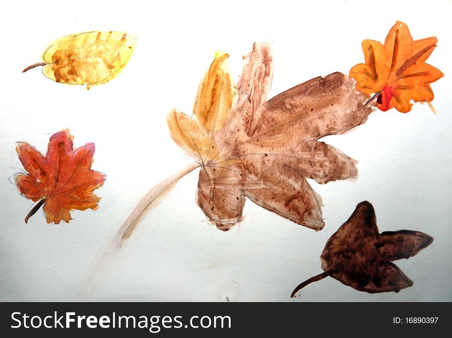 Gold autumn leaves on brightly white background.Drawing / Children's figure / Water color.