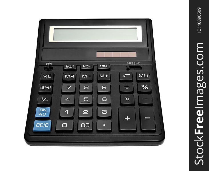 Black office calculator isolated over white backghound