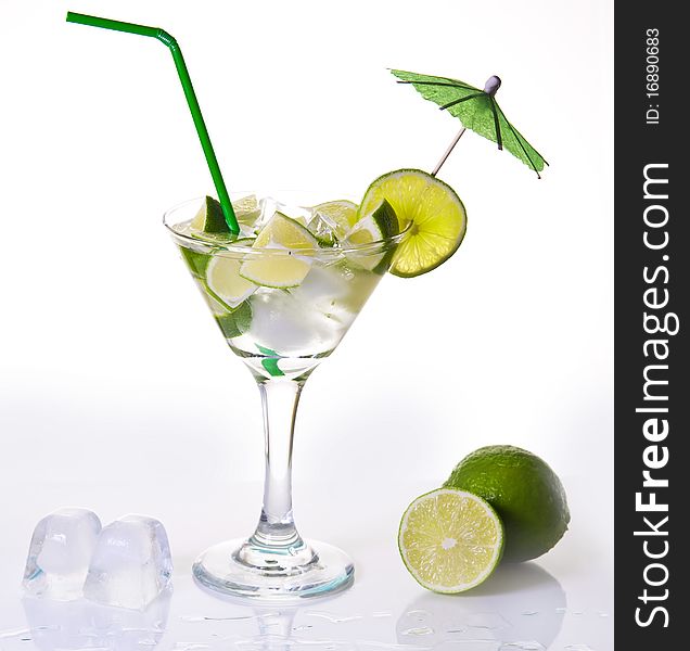 Drinks and fruits on white background