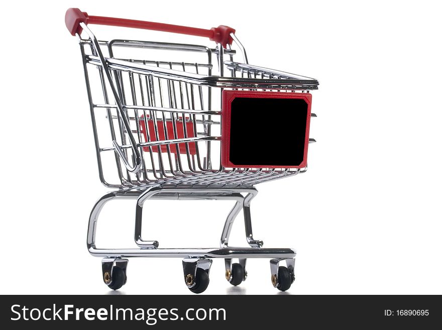 Empty shopping cart with the red handle on a white background.