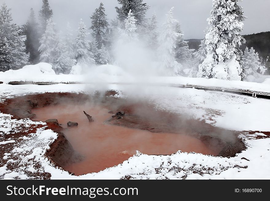 Winter season at hot lake of Yellowstone National Park, USA