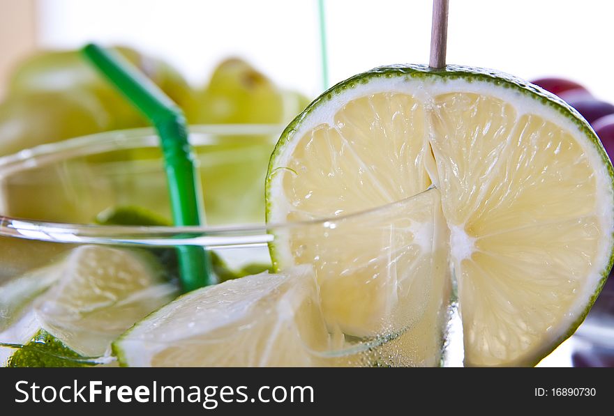 Drinks and fruits on white background