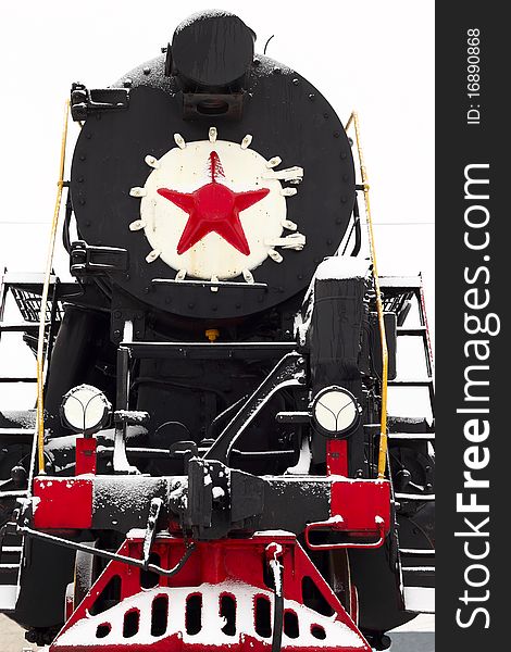 Front of the locomotive with a red star. Front of the locomotive with a red star