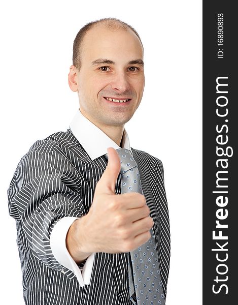 Business man going thumbs up, isolated on white