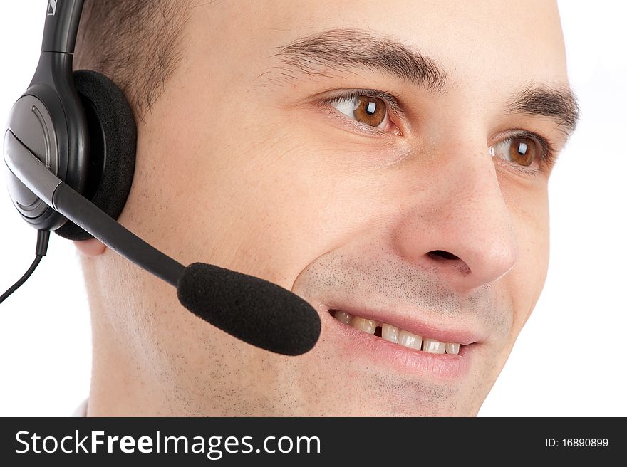 Closeup portrait of friendly telephone operator. Closeup portrait of friendly telephone operator