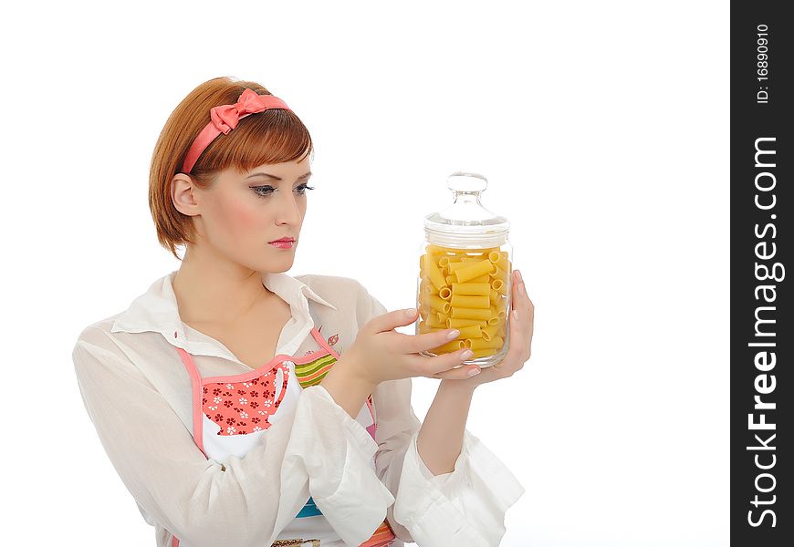 Beautiful cooking woman in apron with italian pasta. isolated on white background. Beautiful cooking woman in apron with italian pasta. isolated on white background