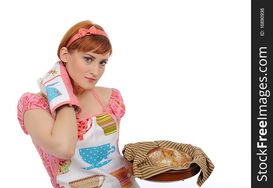 Beautiful cooking woman in apron and homemade italian chiabatta bread. isolated on white background. Beautiful cooking woman in apron and homemade italian chiabatta bread. isolated on white background