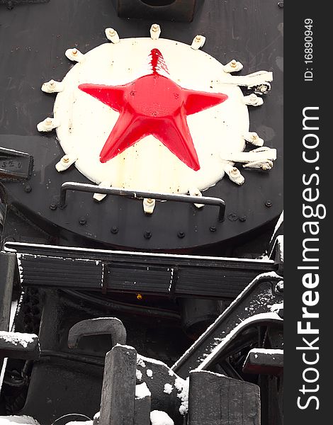 Front of the locomotive with a red star. Front of the locomotive with a red star
