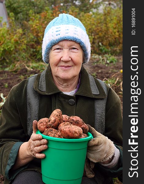 Elderly woman with a bucket of potato