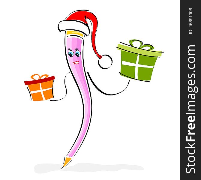 Illustration of pencil character with santa cap and gifts on white background