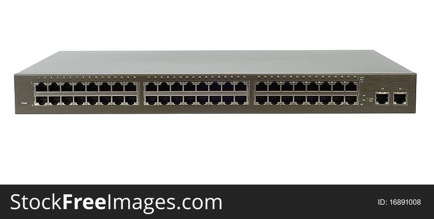 Network switch with 52 ports isolated over white background. Clipping path. Front view version.