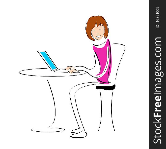 Illustration of student working on laptop on white background