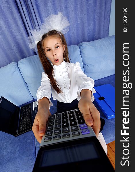 Hard time in learning - girl with calculator and laptop sitting in sofa