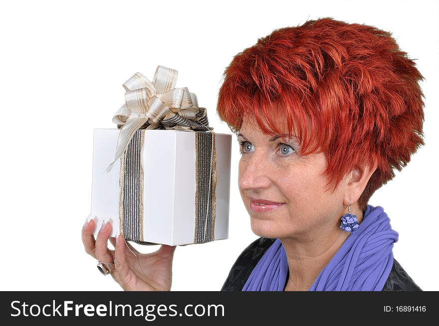 Woman with gift box, on a white background