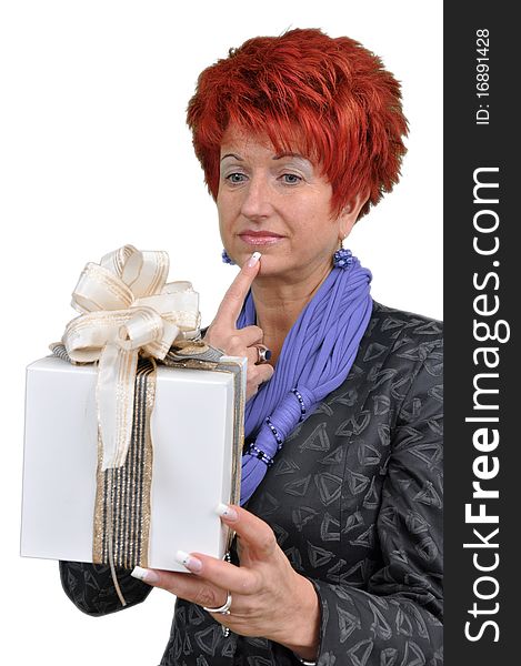 Woman with gift box, on a white background
