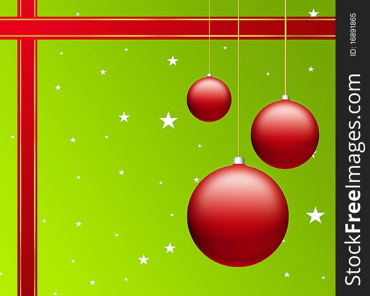Red christmas balls on green background with stars and ribbon. Red christmas balls on green background with stars and ribbon