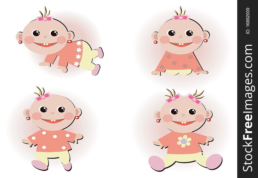 Set icons with  funny baby girls. Set icons with  funny baby girls