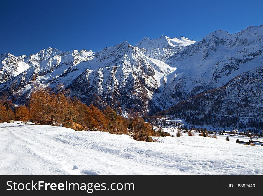 Tonale Pass at 1884 meters on the sea-level, after a fall snowfall. Trento province, Trentino-Alto Adige region, Italy. Tonale Pass at 1884 meters on the sea-level, after a fall snowfall. Trento province, Trentino-Alto Adige region, Italy