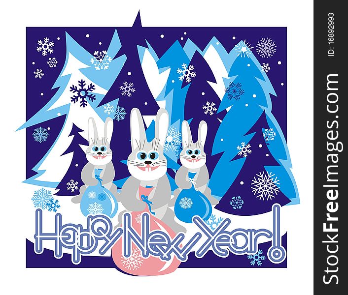 Hares in the forest holding a bag with gifts and Happy New Year. Vector illustration.
