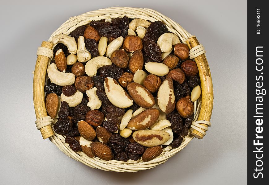 Nuts,almonds and raisins,in the basket. Nuts,almonds and raisins,in the basket