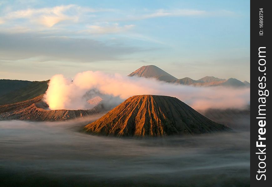 Volcanos Semeru, Batok and Bromo in Tengger Caldera, Java, Indonesia