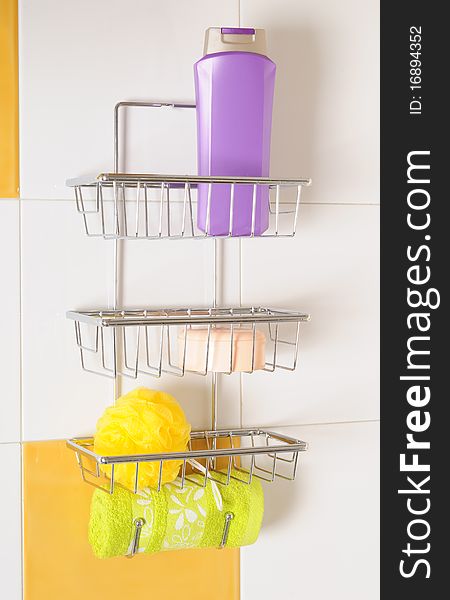 Shower objects on a metallic rack. Shower objects on a metallic rack.