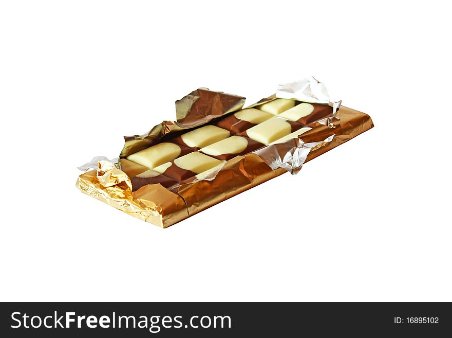 Chocolate in golden foil isolated on white