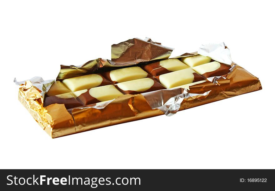 Chocolate in golden foil isolated on white background