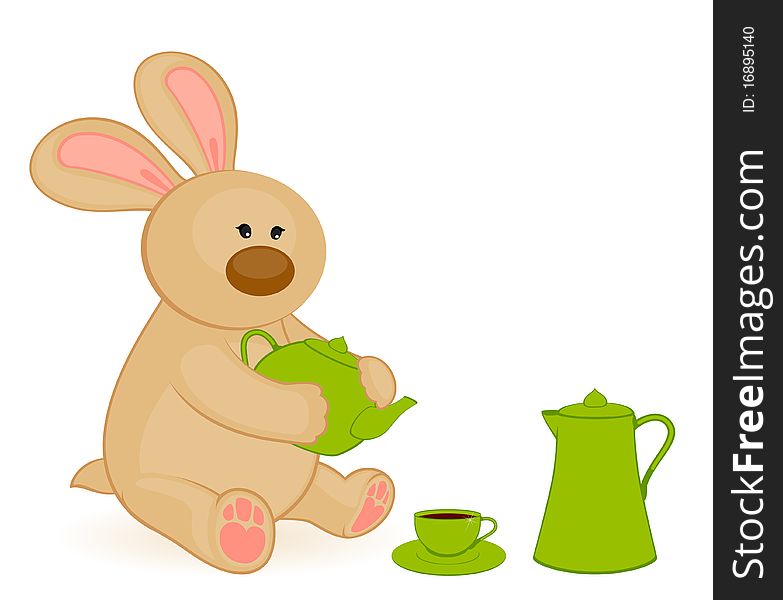 cartoon little toy bunny with beautiful cups and tea-pot. cartoon little toy bunny with beautiful cups and tea-pot