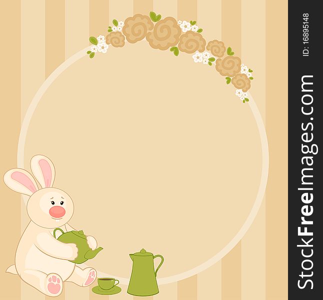 cartoon little toy bunny with beautiful cups and tea-pot. cartoon little toy bunny with beautiful cups and tea-pot