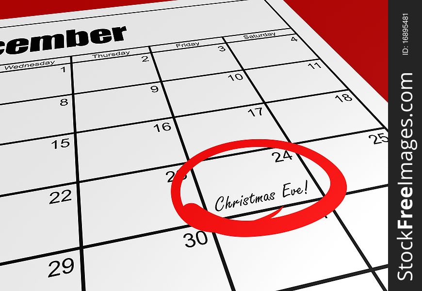 A render of a calendar with a mark on christmas eve. A render of a calendar with a mark on christmas eve