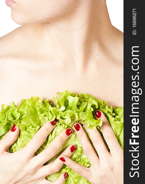 Woman Hold Leaf Lettuce On Her Chest