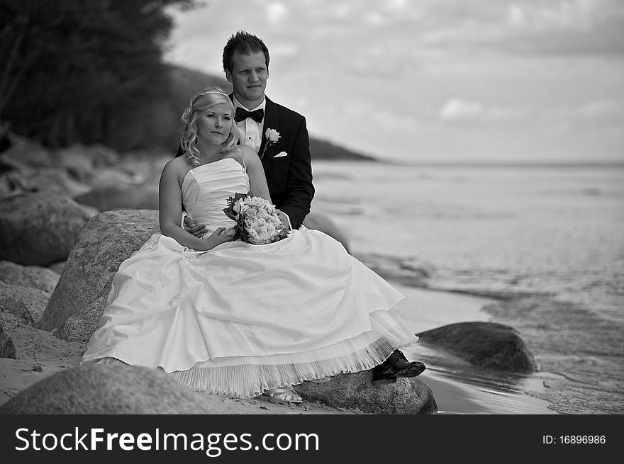 Wedding couple sitting on a stone by the ocean. Wedding couple sitting on a stone by the ocean
