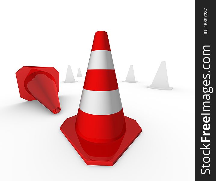 3d red traffic cones with unfinished white ones in the background