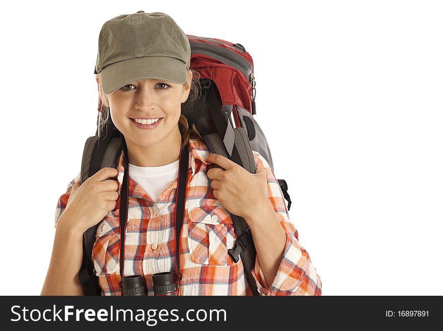 Portrait of female hiker with equipment. Portrait of female hiker with equipment