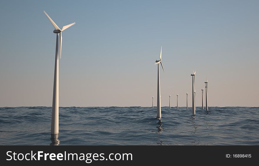 Wind turbines standing located in ocean. Wind turbines standing located in ocean