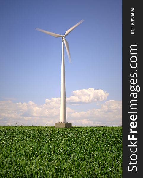 Wind power turbines on big grass field