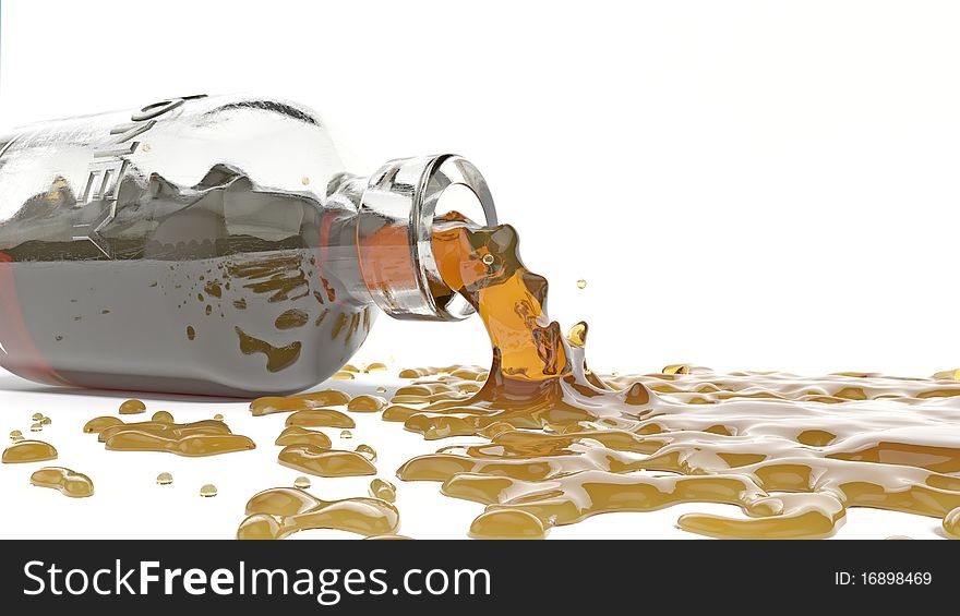 Honey bottle with honey spilled on table