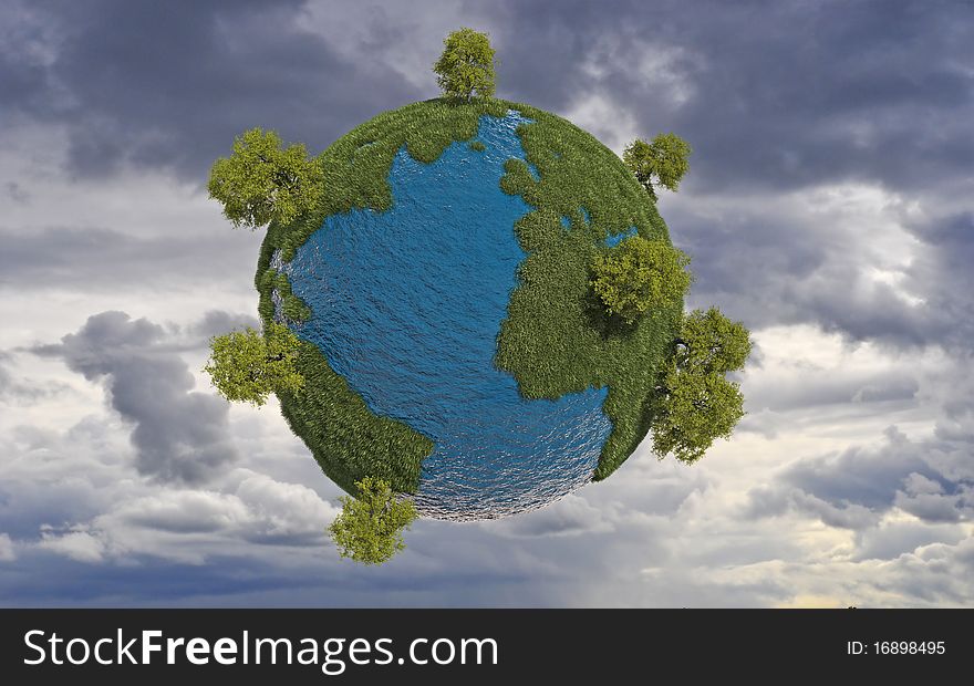 Earth-like planet with grass, trees, and water. Earth-like planet with grass, trees, and water