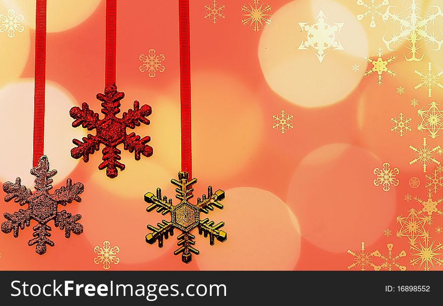 Red Holiday Background with Bokeh and Snowflakes. Red Holiday Background with Bokeh and Snowflakes