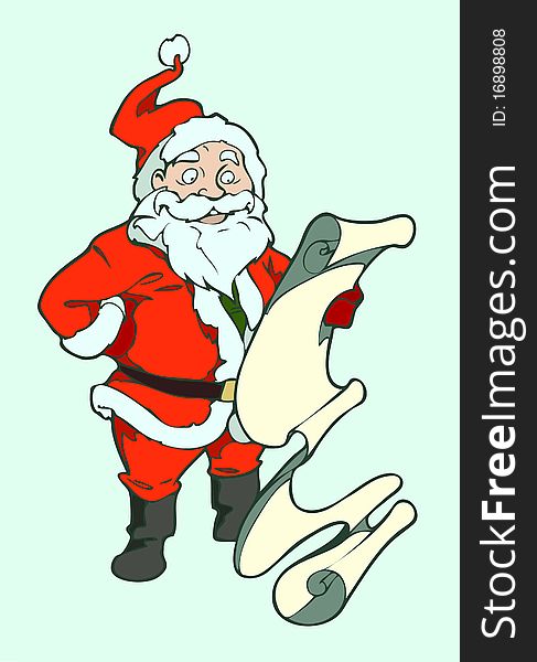 Vector christmas illustration of Santa reading the list of gifts