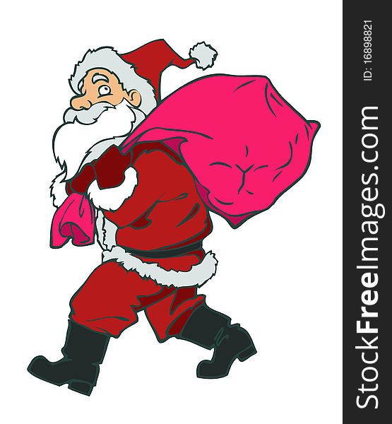 Vector christmas illustration of Santa carrying gifts for children