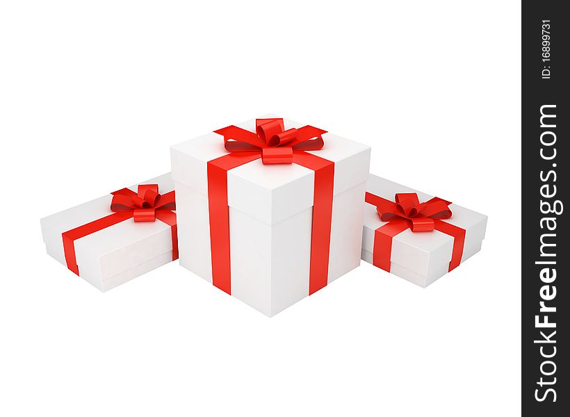 Three white gift boxes with red ribbons. Three white gift boxes with red ribbons
