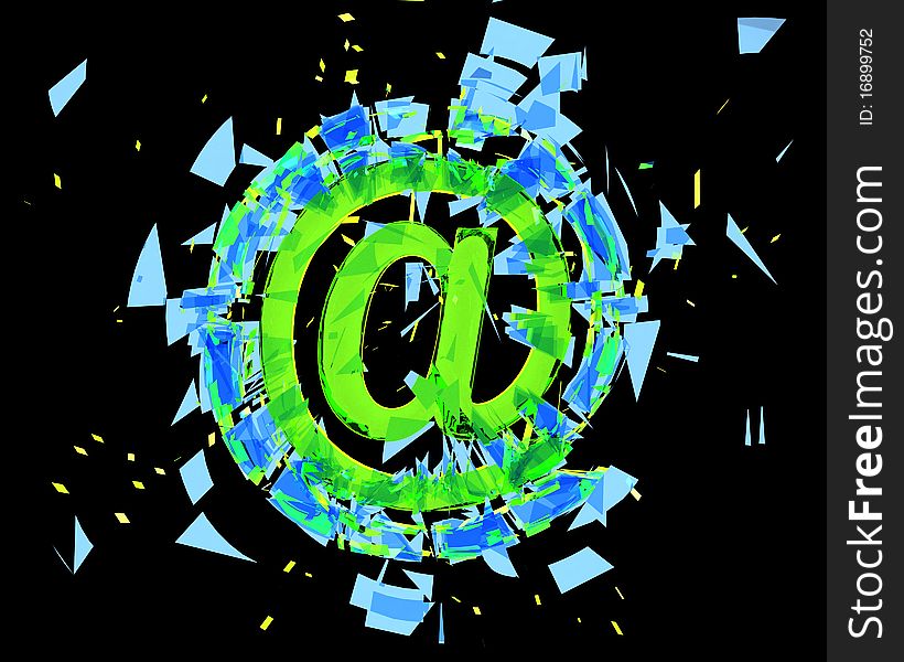 Multicolored @ symbol explodes to pieces isolated on black. Multicolored @ symbol explodes to pieces isolated on black