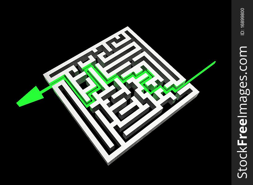 Green arrow passes trough labyrinth. Green arrow passes trough labyrinth